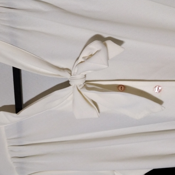 Vintage Jennifer Gee Cream and Pink Short Sleeve Midi Dress w/ Neck Tie Sz 14 - Picture 4 of 8